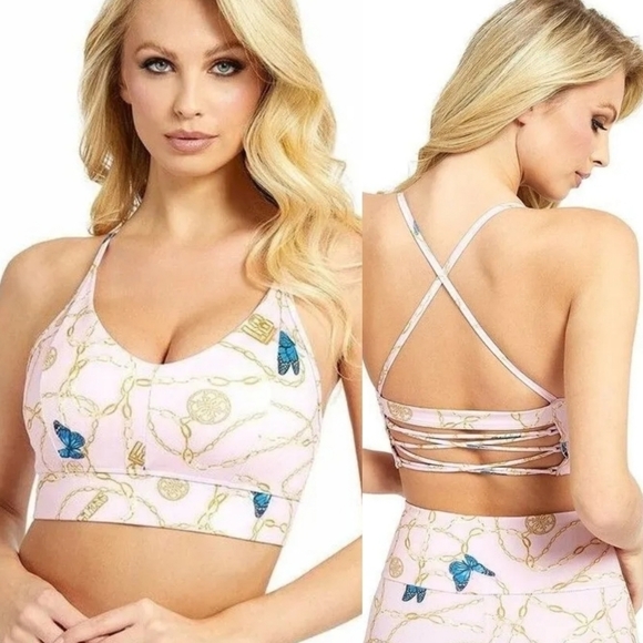 NWT GUESS CHAIN & CHARMS PINK COMBO SPORTS BRA $69 - Picture 1 of 9